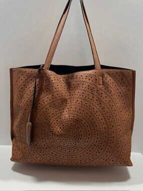 Street Level PU Leather Pierced Geometric Design Tote Brown/Black